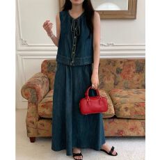 批发韩系甜酷风无袖<b class='q'>背心</b><b class='q'>马甲</b>+褶皱半身裙天丝仿<b class='q'>牛仔</b>两件套女新款套装