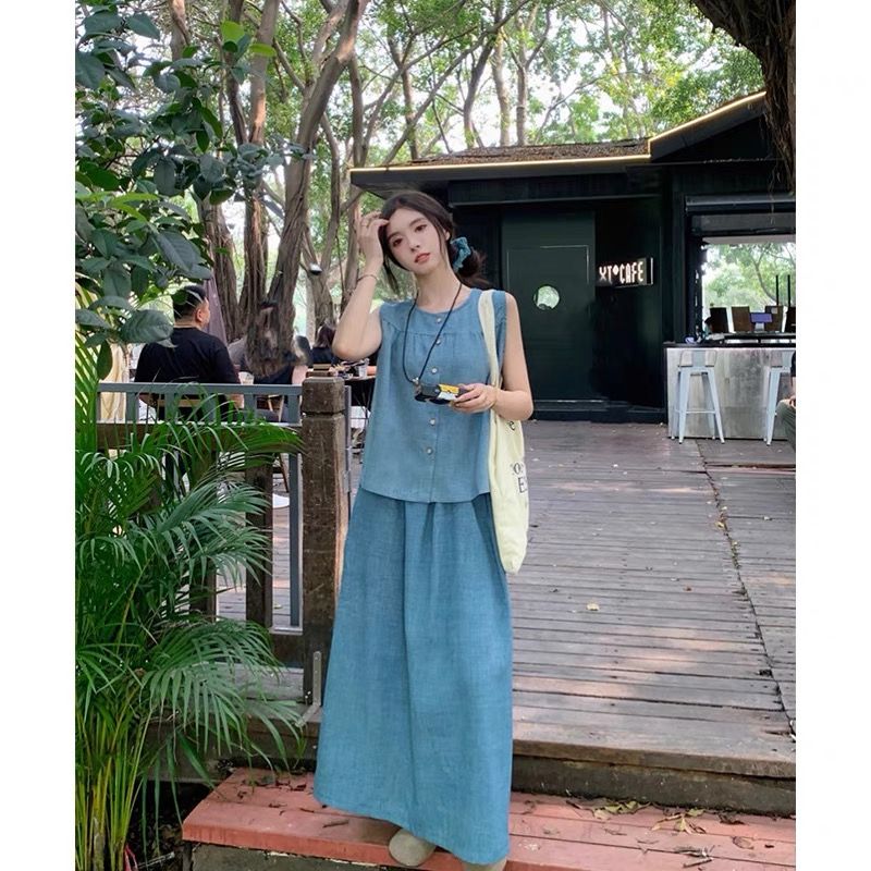 2026 새로운 여름 하이웨이스트 반신 스커트 패션 두 조각 여성 세트 빅 사이즈 민소매 얼음 실크 모방 데님 블루 조끼 맨위