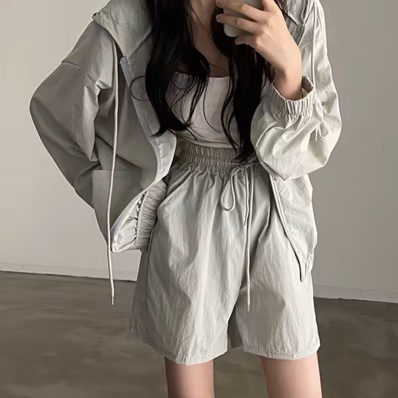 한국 chic 여름 미니멀리즘 품격 펌프 로프 후드 지퍼 자외선 차단 재킷 레이스업 하이웨이스트 운동 반바지 여성