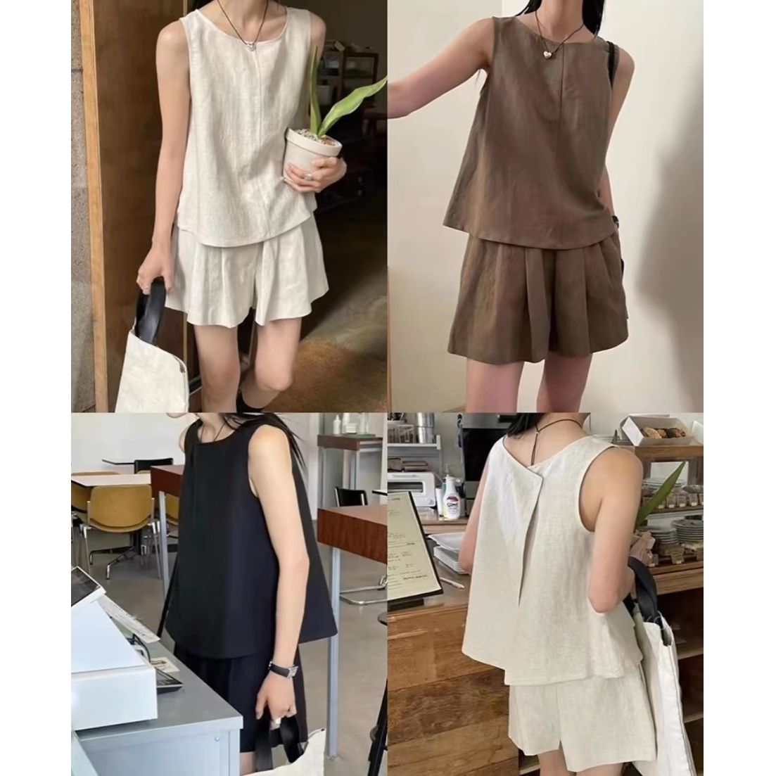 2026 패션 세트 여성 여름 디자인 센스 작은 심장 기계 민소매 조끼 맨위 캐주얼 넓은 다리가 짧다. 바지 투피스 세트