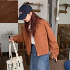 批发日系复古polo领工装外套春秋新款小个子宽松休闲短夹克薄开衫上衣