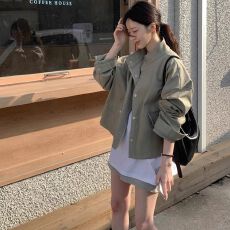 批发韩国chic春秋季复古帅气翻领拉链设计宽松百搭长袖机车服上衣外套