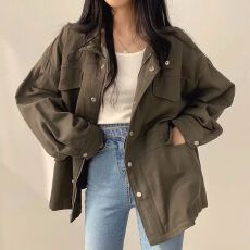 批发韩国chic春秋复古气质假口袋设计抽绳收腰显瘦工装夹克风衣外套女