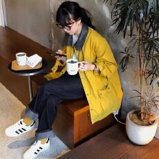 批发2026春季韩国东大门新款重工版 大撞色翻领 直筒宽松工装风衣外套