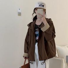 批发韩版宽松廓形设计感连帽工装风衣女东大门慵懒风短外套夹克上衣