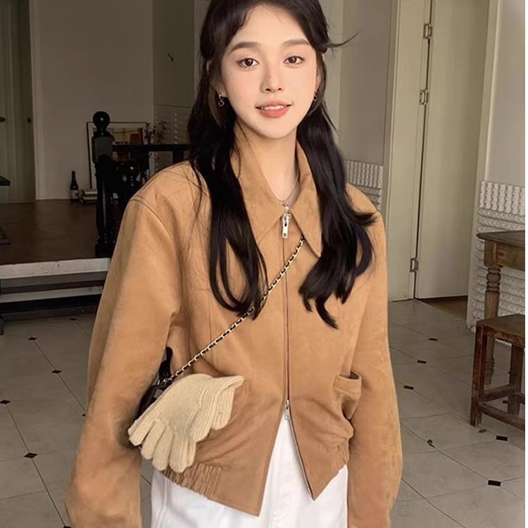 한국 chic 봄 아메리칸 레트로 폴로 칼라 더블 지퍼 주머니 루즈핏 다용도 모방 사슴 캐시미어 재킷 여성 코트