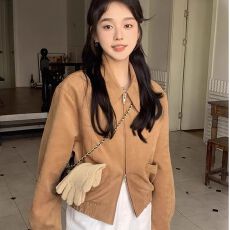 批发韩国chic春季美式复古翻领双拉链口袋宽松百搭仿鹿皮绒夹克外套女