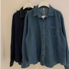 批发复古polo领单排扣洗水仿牛仔衬衫外套叠穿宽松百搭长袖上衣女