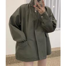 批发韩国chic秋季小众复古立领斗篷设计大口袋宽松百搭长袖风衣外套女