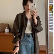 批发慵懒风咖色pu中长款皮衣外套女春秋2026新款宽松皮夹克衬衫