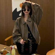 批发韩系复古棕高级飞行员夹克仿皮衣百搭外套女2026年春季新款