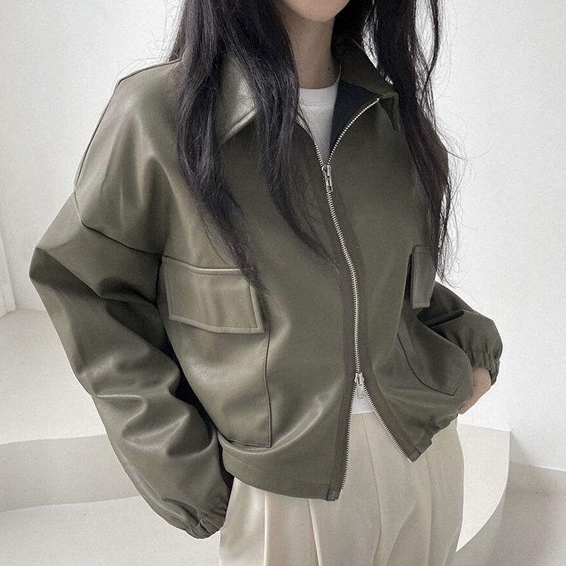 26 한국 chic 가을 레트로 항구 바람 스탠드 칼라 지퍼 디자인 루즈핏 캐주얼 다용도 긴팔 쇼트 스타일 여성 코트