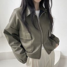 批发26韩国chic秋季复古港风立领拉链设计宽松休闲百搭长袖短款外套女