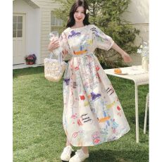 批发超好看夏日俏皮减龄涂鸦风连衣裙女2025新款松弛感韩系小众A字裙