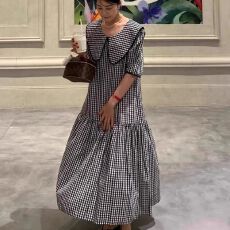 批发良良家法式复古拼接<b class='q'>荷叶边</b>格子连衣裙女夏季新款减龄撞色宽松长裙