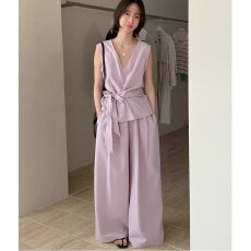 批发良良家高级感绑带收腰无袖背心<b class='q'>女</b>夏季新款温柔韩系休闲长裤子套装