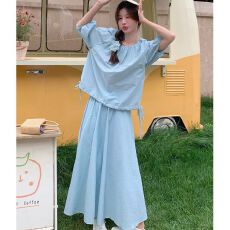 批发温柔系松弛感穿搭套装夏季2025<b class='q'>新款</b>韩系时尚蓝色衬衫半身裙两件套