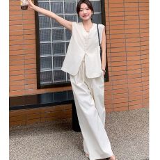 批发白色韩系高级感休闲老钱风套装<b class='q'>女</b>夏季新款马甲高腰阔腿裤<b class='q'>两件</b>套