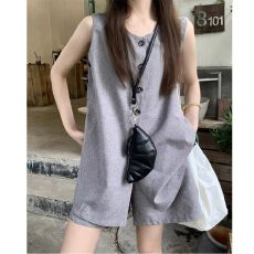 批发韩版百搭时尚套装<b class='q'>女</b>夏季2026新款纽扣马甲背心休闲短裤灰色两件套