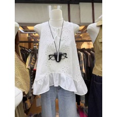 批发镂空设计感荷叶边气质白色无袖背心女士夏季韩系宽松显瘦百搭小衫