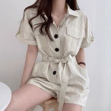 批发韩国chic夏季新款翻领双口袋设计显瘦单排扣阔腿工装连体裤<b class='q'>短裤</b><b class='q'>女</b>