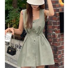 批发韩国chic夏季减龄复古小众设计感气质简约方领阔摆短款连体裤<b class='q'>女</b>