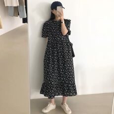 批发韩国chic夏季法式复古圆领褶皱拼接<b class='q'>荷叶边</b>设计宽松碎花连衣裙长裙