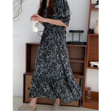 批发2026新款韩版新款春夏季紫花连身裙女V领法式显瘦<b class='q'>荷叶边</b>碎花裙