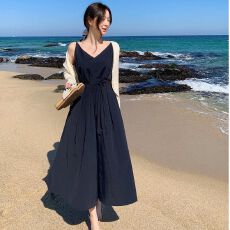 批发韩国chic夏季法式小众V领系带吊带连衣裙女收腰显瘦<b class='q'>沙滩裙</b>长裙子