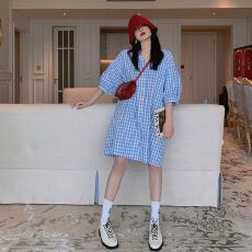 批发2026新款法式桔梗风ins超仙女森系复古格子衬衫连衣裙子夏