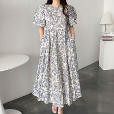 批发韩国chic夏季法式夏天圆领拼接荷叶边设计宽松碎花<b class='q'>连衣裙</b>长裙