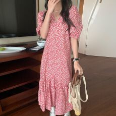 批发韩国chic夏季法式甜美V领满屏碎花宽松拼接荷叶边泡泡袖<b class='q'>连衣裙</b>女