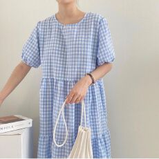 批发夏日小清新格纹宽松甜美<b class='q'>连衣裙</b>chic韩系圆领泡泡短袖休闲过膝长裙