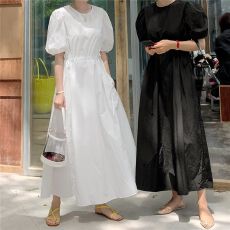 批发韩国宽松黑白色<b class='q'>连衣裙</b>女大码气质淑女中袖A字仙女裙子长裙夏