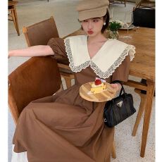 批发2026韩版夏季<b class='q'>新款</b>韩版修身赫本荷叶领连衣裙女收腰撞色<b class='q'>长裙</b>