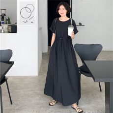 批发韩国chic夏季<b class='q'>复古</b>小众简约纯色腰松紧宽松泡泡袖长款拼接<b class='q'>连衣裙</b>女