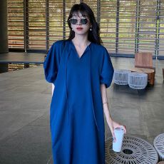 批发大码森系炸街裙子蓝色赫本风洋气减龄矮个子宽松休闲<b class='q'>连衣裙</b>女夏季