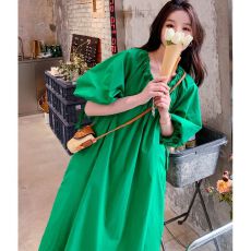 批发2026春夏款森系连衣裙小清新<b class='q'>新款</b>泡泡袖圆领抽绳<b class='q'>长裙女</b>