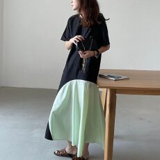 批发韩国chic夏季新款小众简约纯色宽松泡泡袖长款拼接<b class='q'>连衣裙</b>女