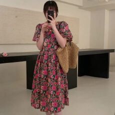 批发韩国chic简约百搭圆领撞色拼接宽松过膝大摆型泡泡袖<b class='q'>短袖</b>连衣裙<b class='q'>女</b>