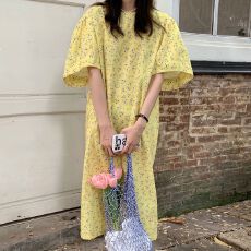 批发韩国chic夏季清新嫩黄圆领宽松休闲撞色满屏碎花<b class='q'>短袖</b>连衣裙长裙<b class='q'>女</b>