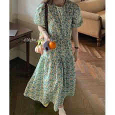 批发绿色泡泡袖碎花连衣裙女夏季新款小清新气质洋气小众设计感长裙子