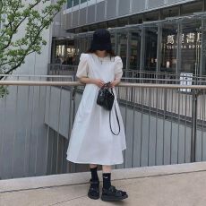 批发短袖连衣裙女2026<b class='q'>夏季</b>新款韩版宽松赫本风泡泡袖公主a字中长裙子