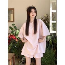 批发仿棉牛奶丝200克】运动休闲套装女夏刺绣宽松短袖阔腿短裤两件套