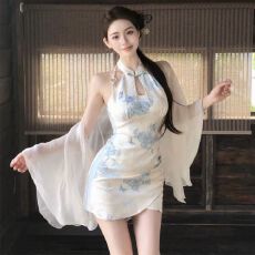 批发新中式清冷感印花无袖改良旗袍连衣裙<b class='q'>女</b>气质名媛复古超仙包臀短裙