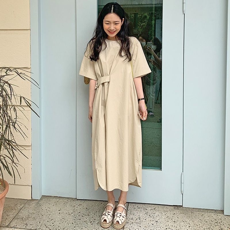 한국 chic 익스트림 제인 바람 작은 대중 라운드 넥 측면 벨트 루즈핏 무릎 아래 셔츠 드레스 롱 스커트 여성