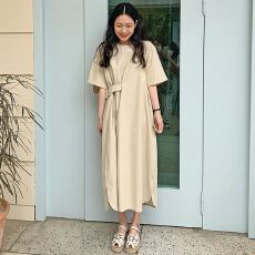 批发韩国chic极简风小众圆领侧腰带宽松过膝衬衫<b class='q'>连衣裙</b>长裙女