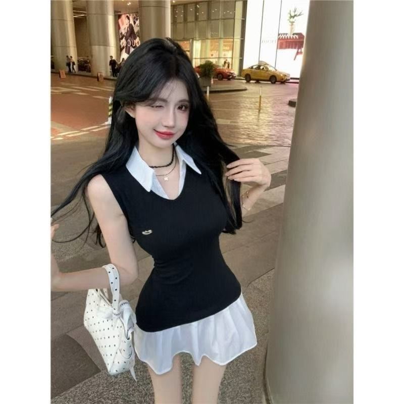 여름 핫걸 배색 패치워크 페이크 레이어드 디자인 센스 셔츠 드레스 여성 작은 대중 몸매 가꾸기 다용도 슬림해 보이는 미니 스커트 아이들