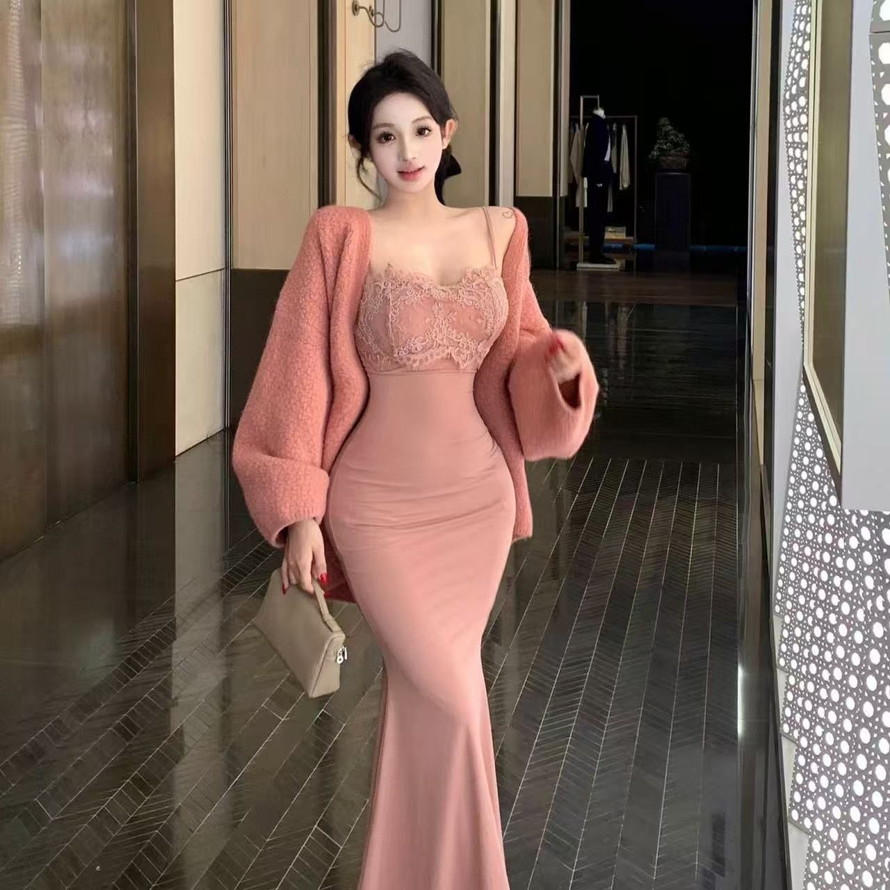 패션 핫걸 몸매 가꾸기 슬림해 보이는 작은 대중 디자인 센스 타이트 스커트 순수한 욕망 섹시함 레이스 조각 슬립 여성 드레스