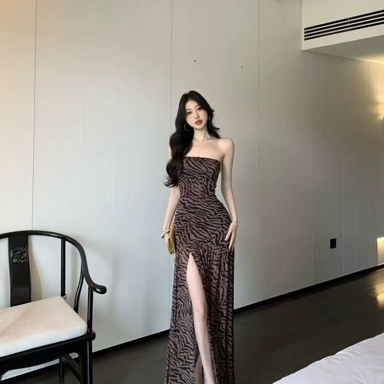 유럽과 미국 섹시함 핫걸 튜브탑 레오파드 무늬 여름 프린트 패치워크 트임 허리 수축 타이트 패키지 팔 치마
